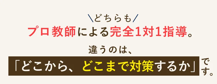 どちらもプロ教師による完全1対1指導。違うのは、「どこから、どこまで対策するか」です。