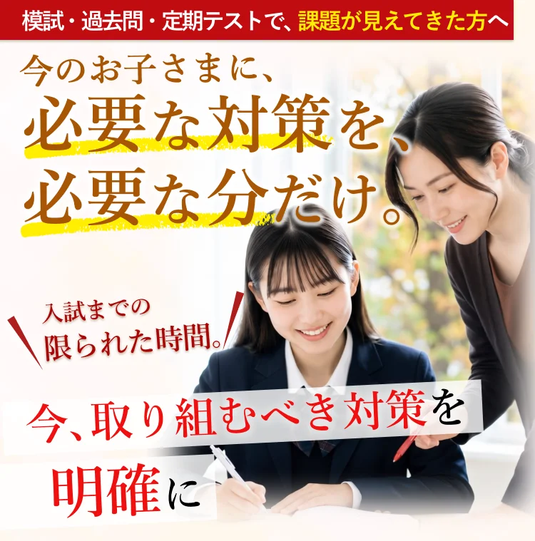 模試・過去問・定期テストで、課題が見えてきた方へ。今のお子さまに、必要な対策を、必要な分だけ。今、取り組むべき対策を明確に