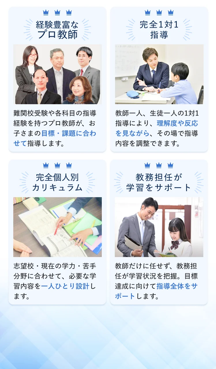 経験豊富なプロ教師：難関校受験や各科目の指導経験を持つプロ教師が、お子さまの目標・課題に合わせて指導します。 完全1対1指導：教師一人、生徒一人の1対1指導により、理解度や反応を見ながら、その場で指導内容を調整できます。 完全個人別カリキュラム：志望校・現在の学力・苦手分野に合わせて、必要な学習内容を一人ひとり設計します。 教務担任が学習をサポート：教師だけに任せず、教務担任が学習状況を把握。目標達成に向けて指導全体をサポートします。