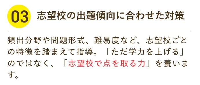 志望校の出題傾向に合わせた対策 頻出分野や問題形式、難易度など、志望校ごとの特徴を踏まえて指導。「ただ学力を上げる」のではなく、「志望校で点を取る力」を養います。