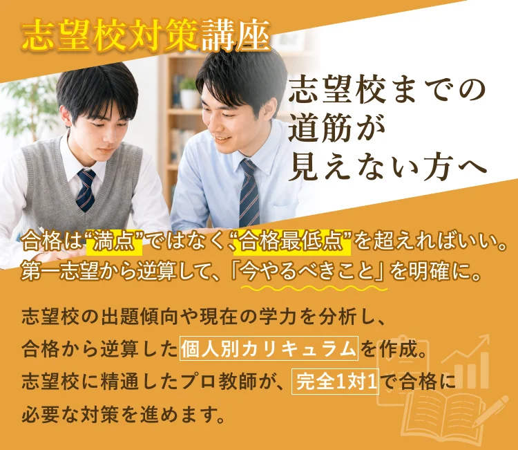 志望校対策講座 志望校までの道筋が見えない方へ 合格は満点ではなく合格最低点を超えればいい。第一志望から逆算して、今やるべきことを明確に。志望校の出題傾向や現在の学力を分析し、合格から逆算した個人別カリキュラムを作成。志望校に精通したプロ教師が、完全1対1で合格に必要な対策を進めます。