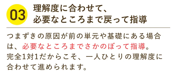 理解度に合わせて、必要なところまで戻って指導 つまずきの原因が前の単元や基礎にある場合は、必要なところまでさかのぼって指導。完全1対1だからこそ、一人ひとりの理解度に合わせて進められます。