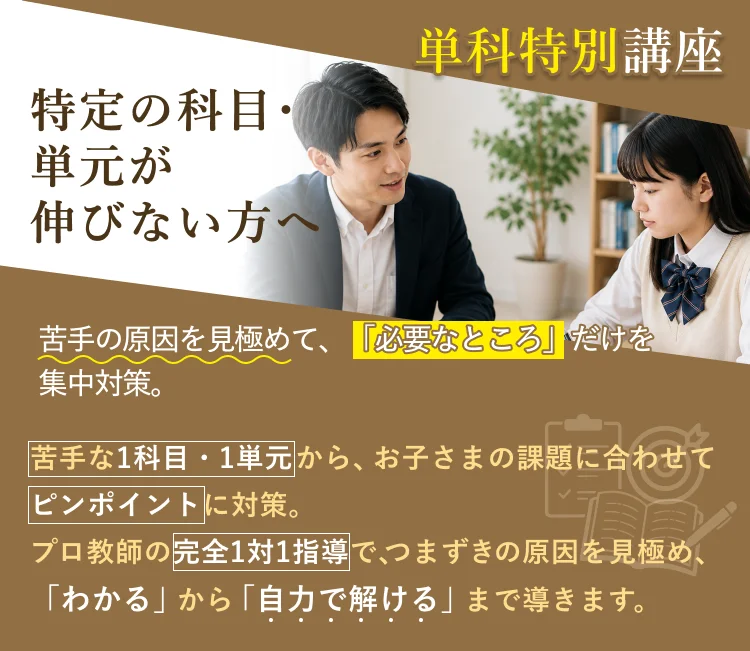 単科特別講座 特定の科目・単元が伸びない方へ 苦手の原因を見極めて、「必要なところ」だけを集中対策。苦手な1科目・1単元から、お子さまの課題に合わせてピンポイントに対策。プロ教師の完全1対1指導で、つまずきの原因を見極め、「わかる」から「自力で解ける」まで導きます。